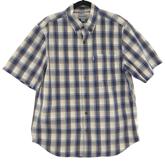 Carhartt Blue and Brown Plaid Relaxed Fit Button Down Short Sleeve Men"s Sizes L - Picture 1 of 7